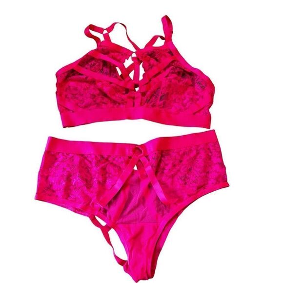 Torrid Womens 0 US Large Floral Lace Strappy Bralette 00 US Medium Panty Pink - Picture 1 of 10
